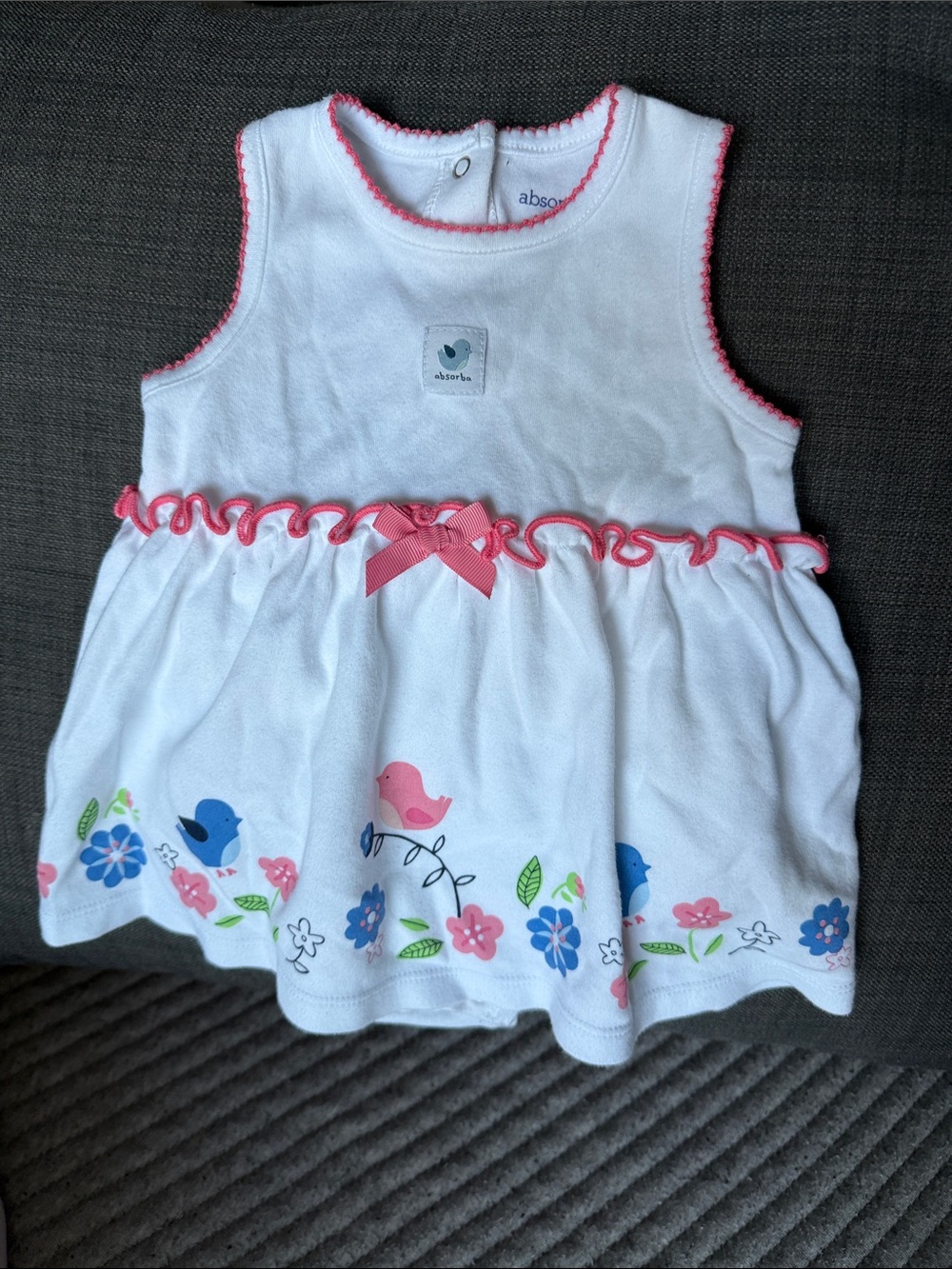 Absorba White Baby Dress with Pink Trim and Blue Floral Birds - 9M